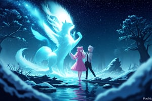 In the center of the image, there are two characters with animal characteristics. Their pointed ears and tails suggest they could be cats or foxes.
The character on the left has long pink hair that falls in soft waves. Wear modern casual clothing, such as a T-shirt and tight pants.
The character on the right has white hair, which flows like a waterfall of snow. She wears a short dress with lace details on the edges. He holds a microphone in one hand.
The Magical Environment:
Both characters are surrounded by a magical atmosphere. The background shows a starry sky that stretches to the horizon. The stars shine brightly, as if they are guardians of cosmic secrets.
The trees around them are in full bloom. Its branches are loaded with pink flowers, creating a beautiful contrast with the darkness of the sky.
The Luminous Source:
Among the characters, there is a magic fountain. Its water appears to be made of liquid light. The fountain emits a soft, constant glow, as if connected to a celestial energy source.
The light from the fountain illuminates their faces and creates dancing shadows on the ground.
Expressions and Emotions:
The pink-haired character appears to be singing. His eyes are closed, and his mouth is parted in a passionate expression.
The white-haired character looks at the horizon with an enigmatic gaze. What secrets does he hide in his heart?
In short, this illustration captures a magical moment full of mystery. The characters seem to be in a world where music and magic intertwine.,<lora:659111690174031528:1.0>