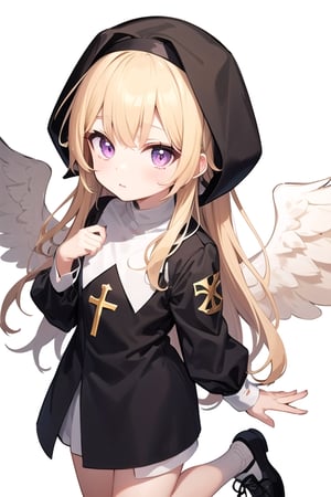 Little angel with 16 white wings, golden blonde hair with white tips, big bright violet eyes. Black jacket with white cross motifs, traditionally worn by Catholic nuns attached to a cross. He also wears a white hood with a metal headband. Black shirt with white hem that covers the neck. Cross motifs are also seen on the shirt. He appears to have the androgynous symbol without a couple of details on his hat. She also wears shoes that complement the colors of her outfit.ñ