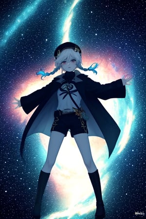 ventidef,White hair,colored eyes of a nebula, beret,black trench coat on the outside and nebula-colored on the inside, black shorts, black boots,,<lora:659111690174031528:1.0>