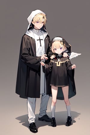 Little angel with big white wings with gold details, golden blonde hair and big purple eyes. Black jacket with white cross motifs, traditionally worn by Catholic nuns attached to a cross. He also wears a white hood with a metal headband. Black shirt with white hem that covers the neck. Cross motifs are also seen on the shirt. He appears to have the androgynous symbol without a couple of details on his hat. She also wears shoes that complement the colors of her outfit.