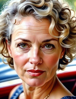 A watercolor art style on canvas of a beautiful mature woman around 35 years old with fair skin and short, curly white hair, close-up of her face, front view. (((intricate details))), (((best quality))), (((extreme detail quality))), (((complex composition))), in the style of Alvaro Castagnet, Joseph Zbukvic, Steve Hanks.