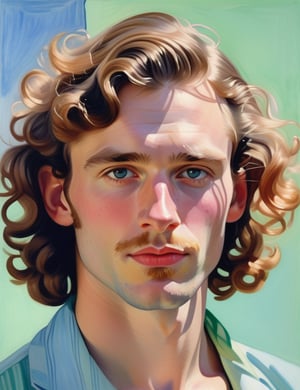  A close-up portrait of a 30-year-old Dutch man with fair skin and long curly hair, serious expression, front view, in gouache style, using pastel shades of light blue, mint green, pale yellow, and soft pink with smooth, watercolor-like textures. Artists: Mary Blair, John Singer Sargent, Henri Matisse.