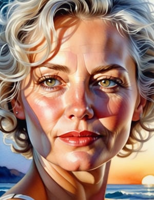 A watercolor art style on canvas of a beautiful mature woman around 35 years old with fair skin and short, curly white hair, close-up of her face, front view. (((intricate details))), (((best quality))), (((extreme detail quality))), (((complex composition))), in the style of Alvaro Castagnet, Joseph Zbukvic, Steve Hanks.