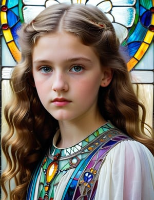 A beautiful 15-year-old Russian girl with long, slightly curly hair and light-colored eyes, with a serious expression on her face, front view, simple background, white background. (((intricate details))), (((best quality))), (((extreme detail quality))), (((complex composition))), stained glass art style, vibrant and translucent colors, intricate glass textures. Louis Comfort Tiffany, Harry Clarke, Charles Rennie Mackintosh