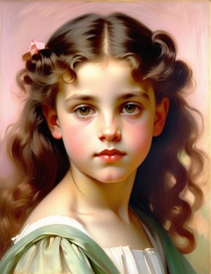 A close-up portrait of a beautiful 12-year-old Brazilian girl with caramel skin and tightly curled hair, front view, in a subtle painting style with fine strokes, using a delicate color palette of soft pinks, light browns, and gentle greens with smooth, refined textures. Artists: John Singer Sargent, Mary Cassatt, William-Adolphe Bouguereau.

