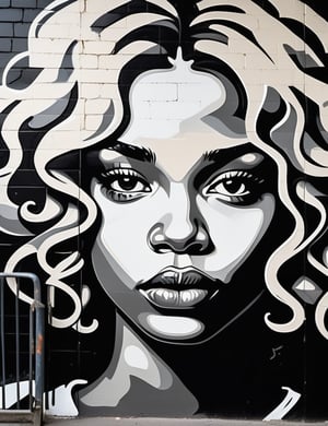 A black and white graffiti art style on a wall of a beautiful 15-year-old Russian girl with dark skin and short, curly blonde hair, thick lips, close-up of her face, front view. (((intricate details))), (((best quality))), (((extreme detail quality))), (((complex composition))), in the style of Banksy, Jean-Michel Basquiat, Shepard Fairey.