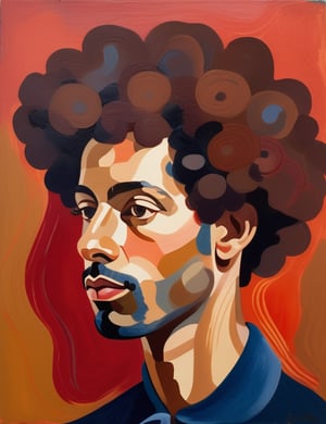 A close-up portrait of a 34-year-old Portuguese man with fair skin and short Afro hair, front view, in gouache on canvas style, using a color palette of rich earth tones, deep blues, and warm reds with smooth, creamy textures. Artists: Mary Blair, John Singer Sargent, Henri Matisse.