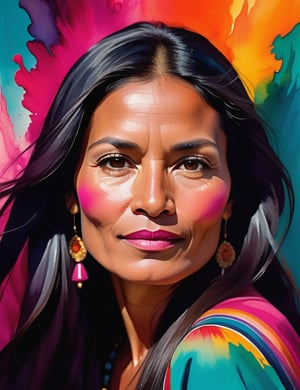  A close-up portrait of a beautiful 45-year-old Bolivian woman with caramel skin and long, straight black hair, front view, in watercolor style with an explosion of colors, using vibrant hues like fuchsia, teal, and golden orange with fluid, dynamic textures. Artists: Georgia O'Keeffe, Winslow Homer, Jean Haines.