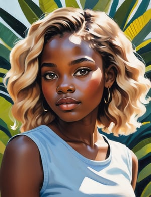 Create a beautiful gouache artwork depicting a 15-year-old African girl with dark skin and short, wavy blonde hair. The focus should be a close-up of her face from a frontal view. Use the softness and richness of gouache colors to capture the beauty of her features, highlighting the texture of her skin and the brightness of her hair. The artwork should convey a sense of freshness and vitality, showcasing the youthful beauty of her expression.