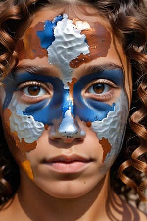 A close-up portrait of a 13-year-old Argentine girl with curly hair, front view, in iron art style, using a palette of metallic tones like silvery gray, rusted brown, and dark steel blue with rugged, textured surfaces. Artists: Richard Serra, Antony Gormley, Julio González.