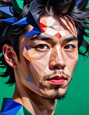 A close-up portrait of a 24-year-old Japanese man with fair skin and spiky, curly black hair, front view, in polygonal art style, using a palette of sharp, vibrant colors such as crimson, cobalt blue, and emerald green with defined, angular textures. Artists: Daniel Martin, Georg Nees, Manfred Mohr.