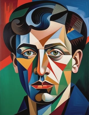 A close-up portrait of a 24-year-old Russian man with fair skin and short, curly black hair, serious expression, front view, in polygonal art style, using sharp geometric shapes and a palette of bold colors like dark red, deep blue, and vibrant green. Artists: Pablo Picasso, Viktor Vasarely, Jean Metzinger.