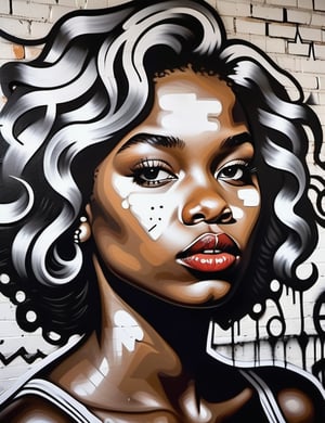 A black and white graffiti art style on a wall of a beautiful 15-year-old Russian girl with dark skin and short, curly blonde hair, thick lips, close-up of her face, front view. (((intricate details))), (((best quality))), (((extreme detail quality))), (((complex composition))), in the style of Banksy, Jean-Michel Basquiat, Shepard Fairey.