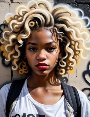 A black and white graffiti art style on a wall of a beautiful 15-year-old Russian girl with dark skin and short, curly blonde hair, thick lips, close-up of her face, front view. (((intricate details))), (((best quality))), (((extreme detail quality))), (((complex composition))), in the style of Banksy, Jean-Michel Basquiat, Shepard Fairey.