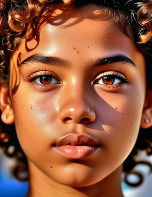 A triangular art style of a beautiful 14-year-old Paraguayan girl with caramel skin tone and short, curly hair, close-up of her face, front view, with a serious expression. (((intricate details))), (((best quality))), (((extreme detail quality))), (((complex composition))), in the style of Charis Tsevis, Chris Duffy, Tim Biskup.