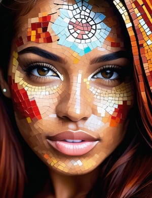 Create a vibrant mosaic artwork on a street, depicting a beautiful 25-year-old Honduran woman with tan skin and straight red hair. The focus should be a close-up of her face from a frontal view. Use a variety of colorful tiles to intricately capture her facial features and the texture of her hair. The artwork should convey a sense of warmth and elegance, highlighting the beauty and serenity of her expression through the careful arrangement of the mosaic pieces.






