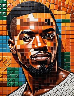 Create a vibrant mosaic artwork on a wall, featuring a 25-year-old Jamaican man with dark skin and short, sleek orange hair. The focus should be a close-up of his face from a frontal view. Use a variety of colorful tiles to intricately capture his unique features, emphasizing the texture of his skin and hair. The mosaic should convey a sense of warmth and cultural richness, highlighting the beauty of his expression through the detailed arrangement of the tiles.