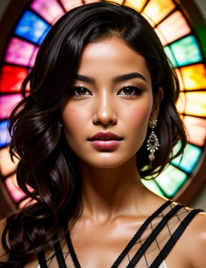 Create a stunning stained glass artwork depicting a beautiful Brazilian woman around 35 years old, with straight, black Indigenous hair. The focus should be a close-up of her face from a frontal view. Use the translucence and variety of colors in the glass to capture the beauty of her features, emphasizing the texture of her skin and the shine of her hair. The artwork should convey a sense of elegance and cultural richness, highlighting the uniqueness of her expression through the interplay of light and color.