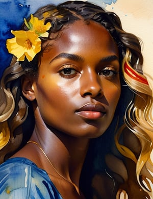  A close-up portrait of a beautiful 25-year-old Brazilian woman with dark skin and blonde, wavy, straight hair, serious expression, front view, in watercolor style, using a palette of rich earth tones, deep blues, and vibrant yellows with flowing, transparent textures. Artists: Albrecht Dürer, Winslow Homer, John Singer Sargent.