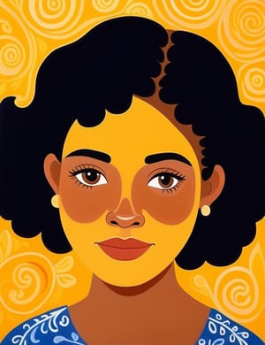 Inglês: A gouache art style of a beautiful 15-year-old Honduran girl with caramel skin tone and short, curly hair, close-up of her face, front view. (((intricate details))), (((best quality))), (((extreme detail quality))), (((complex composition))), in the style of Mary Blair, Maira Kalman, Marc Taro Holmes.