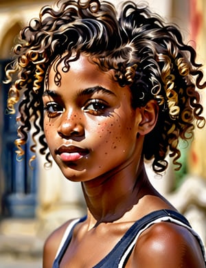 A watercolor style, a Jamaican girl about 15 years old, her skin tone is black and her short curly hair, close-up of the face, front view, background blurred, (((intricate details))), (((best quality))), (((extreme detail quality))), (((complex composition))); John Singer Sargent, J.M.W. Turner, Albrecht Dürer