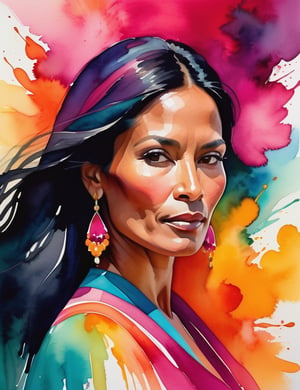  A close-up portrait of a beautiful 45-year-old Bolivian woman with caramel skin and long, straight black hair, front view, in watercolor style with an explosion of colors, using vibrant hues like fuchsia, teal, and golden orange with fluid, dynamic textures. Artists: Georgia O'Keeffe, Winslow Homer, Jean Haines.