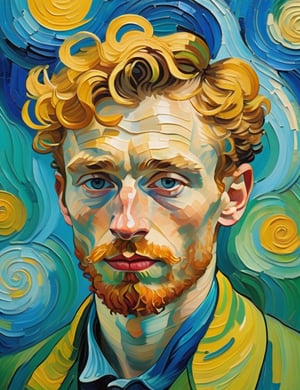 A close-up portrait of a 25-year-old Russian man with fair skin and short, curly blonde hair, front view, in the style of Vincent van Gogh, using a vibrant color palette of rich blues, deep yellows, and bold greens with Van Gogh's signature swirling, textured brushstrokes. Artists: Vincent van Gogh, Henri de Toulouse-Lautrec, Paul Gauguin.