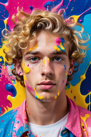  A close-up portrait of a 23-year-old Dutch man with caramel skin and very short, curly blonde hair, front view, in splash art style with an explosion of colors, using vibrant hues like neon pink, electric blue, and bright yellow with dynamic, splattered textures. Artists: Jackson Pollock, Sam Francis, Helen Frankenthaler.