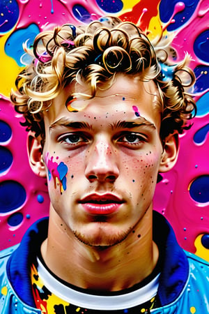  A close-up portrait of a 23-year-old Dutch man with caramel skin and very short, curly blonde hair, front view, in splash art style with an explosion of colors, using vibrant hues like neon pink, electric blue, and bright yellow with dynamic, splattered textures. Artists: Jackson Pollock, Sam Francis, Helen Frankenthaler.