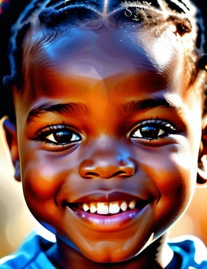  A polygonal art style of a beautiful 6-year-old African child with dark skin and tightly curled black hair, close-up of their face, front view, with a happy expression. (((intricate details))), (((best quality))), (((extreme detail quality))), (((complex composition))), in the style of Charis Tsevis, Jen Stark, Liam Brazier.