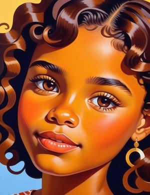Inglês: A gouache art style of a beautiful 15-year-old Honduran girl with caramel skin tone and short, curly hair, close-up of her face, front view. (((intricate details))), (((best quality))), (((extreme detail quality))), (((complex composition))), in the style of Mary Blair, Maira Kalman, Marc Taro Holmes.