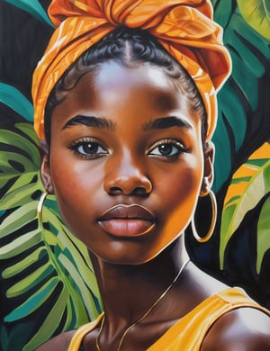 Create a beautiful gouache artwork depicting a 15-year-old African girl with dark skin and short, wavy blonde hair. The focus should be a close-up of her face from a frontal view. Use the softness and richness of gouache colors to capture the beauty of her features, highlighting the texture of her skin and the brightness of her hair. The artwork should convey a sense of freshness and vitality, showcasing the youthful beauty of her expression.