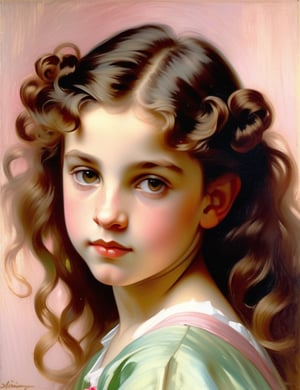 A close-up portrait of a beautiful 12-year-old Brazilian girl with caramel skin and tightly curled hair, front view, in a subtle painting style with fine strokes, using a delicate color palette of soft pinks, light browns, and gentle greens with smooth, refined textures. Artists: John Singer Sargent, Mary Cassatt, William-Adolphe Bouguereau.

