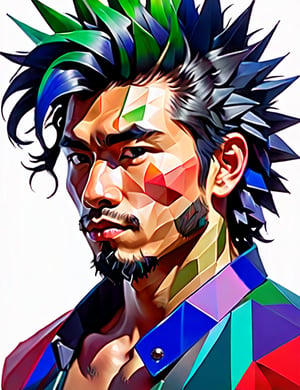 A close-up portrait of a 24-year-old Japanese man with fair skin and spiky, curly black hair, front view, in polygonal art style, using a palette of sharp, vibrant colors such as crimson, cobalt blue, and emerald green with defined, angular textures. Artists: Daniel Martin, Georg Nees, Manfred Mohr.