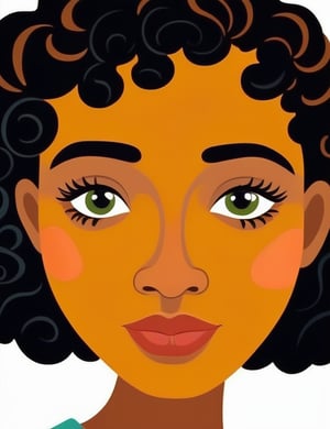 Inglês: A gouache art style of a beautiful 15-year-old Honduran girl with caramel skin tone and short, curly hair, close-up of her face, front view. (((intricate details))), (((best quality))), (((extreme detail quality))), (((complex composition))), in the style of Mary Blair, Maira Kalman, Marc Taro Holmes.