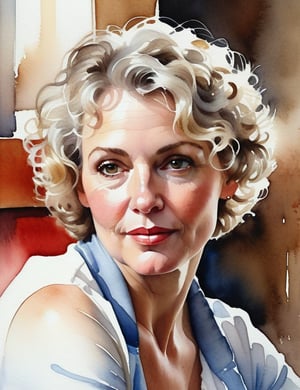 A watercolor art style on canvas of a beautiful mature woman around 35 years old with fair skin and short, curly white hair, close-up of her face, front view. (((intricate details))), (((best quality))), (((extreme detail quality))), (((complex composition))), in the style of Alvaro Castagnet, Joseph Zbukvic, Steve Hanks.