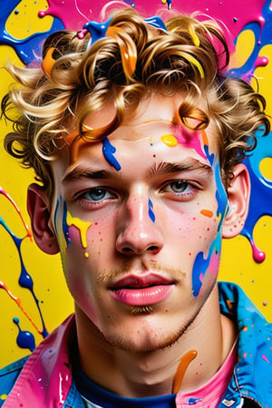  A close-up portrait of a 23-year-old Dutch man with caramel skin and very short, curly blonde hair, front view, in splash art style with an explosion of colors, using vibrant hues like neon pink, electric blue, and bright yellow with dynamic, splattered textures. Artists: Jackson Pollock, Sam Francis, Helen Frankenthaler.