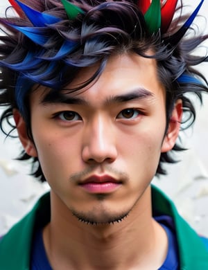A close-up portrait of a 24-year-old Japanese man with fair skin and spiky, curly black hair, front view, in polygonal art style, using a palette of sharp, vibrant colors such as crimson, cobalt blue, and emerald green with defined, angular textures. Artists: Daniel Martin, Georg Nees, Manfred Mohr.