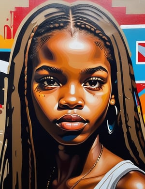  A graffiti art style on canvas of a beautiful 14-year-old Nigerian girl with caramel skin tone and long, straight hair, close-up of her face, front view. (((intricate details))), (((best quality))), (((extreme detail quality))), (((complex composition))), in the style of Banksy, Jean-Michel Basquiat, Shepard Fairey.

