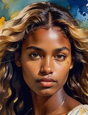  A close-up portrait of a beautiful 25-year-old Brazilian woman with dark skin and blonde, wavy, straight hair, serious expression, front view, in watercolor style, using a palette of rich earth tones, deep blues, and vibrant yellows with flowing, transparent textures. Artists: Albrecht Dürer, Winslow Homer, John Singer Sargent.