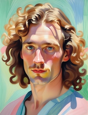  A close-up portrait of a 30-year-old Dutch man with fair skin and long curly hair, serious expression, front view, in gouache style, using pastel shades of light blue, mint green, pale yellow, and soft pink with smooth, watercolor-like textures. Artists: Mary Blair, John Singer Sargent, Henri Matisse.