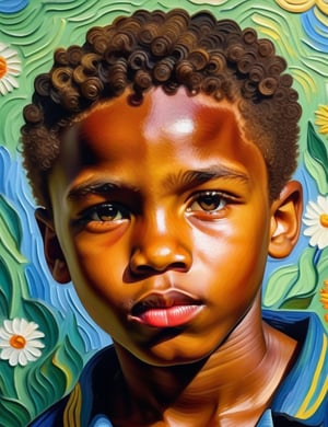 An art style in the manner of Vincent van Gogh of a 12-year-old Brazilian boy with dark skin and very short, tightly curled blonde hair, close-up of his face, front view. (((intricate details))), (((best quality))), (((extreme detail quality))), (((complex composition))), in the style of Vincent van Gogh, Paul Cézanne, Henri Matisse.