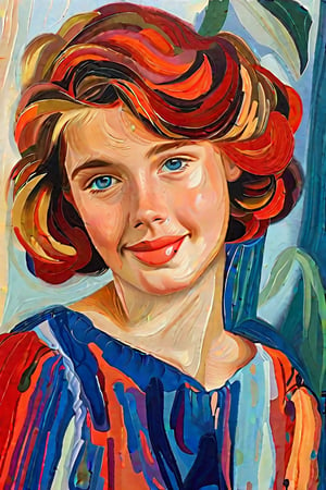  A close-up portrait of a beautiful 15-year-old German girl with fair skin and short, curly hair with red streaks, front view, in gouache style, using a vibrant palette of rich earth tones, deep blues, and warm reds with smooth, creamy textures. Artists: Mary Blair, John Singer Sargent, Henri Matisse.