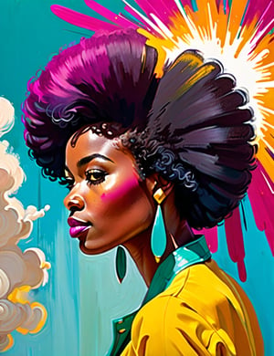 A close-up portrait of a beautiful 28-year-old Nigerian woman with caramel skin and black Afro hair, front view, in gouache style with an explosion of colors, using vibrant hues like magenta, turquoise, and bright yellow with smooth, creamy textures. Artists: Mary Blair, John Singer Sargent, Henri Matisse.