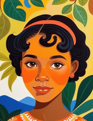 Inglês: A gouache art style of a beautiful 15-year-old Honduran girl with caramel skin tone and short, curly hair, close-up of her face, front view. (((intricate details))), (((best quality))), (((extreme detail quality))), (((complex composition))), in the style of Mary Blair, Maira Kalman, Marc Taro Holmes.