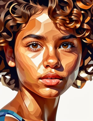 A triangular art style of a beautiful 14-year-old Paraguayan girl with caramel skin tone and short, curly hair, close-up of her face, front view, with a serious expression. (((intricate details))), (((best quality))), (((extreme detail quality))), (((complex composition))), in the style of Charis Tsevis, Chris Duffy, Tim Biskup.