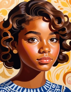 Inglês: A gouache art style of a beautiful 15-year-old Honduran girl with caramel skin tone and short, curly hair, close-up of her face, front view. (((intricate details))), (((best quality))), (((extreme detail quality))), (((complex composition))), in the style of Mary Blair, Maira Kalman, Marc Taro Holmes.

