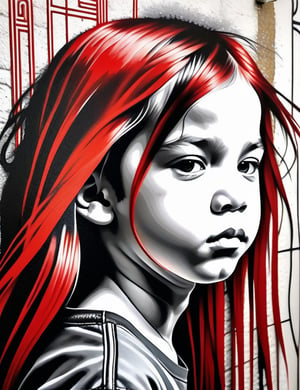  A graphite art style on a wall of a 13-year-old French boy with long, straight hair with red streaks, close-up of his face, front view. (((intricate details))), (((best quality))), (((extreme detail quality))), (((complex composition))), in the style of David Choe, Dan Witz, Vhils.