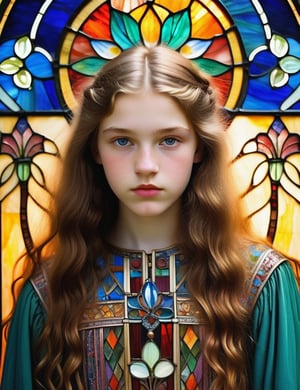 A beautiful 15-year-old Russian girl with long, slightly curly hair and light-colored eyes, with a serious expression on her face, front view, simple background, white background. (((intricate details))), (((best quality))), (((extreme detail quality))), (((complex composition))), stained glass art style, vibrant and translucent colors, intricate glass textures. Louis Comfort Tiffany, Harry Clarke, Charles Rennie Mackintosh