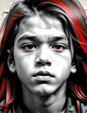  A graphite art style on a wall of a 13-year-old French boy with long, straight hair with red streaks, close-up of his face, front view. (((intricate details))), (((best quality))), (((extreme detail quality))), (((complex composition))), in the style of David Choe, Dan Witz, Vhils.